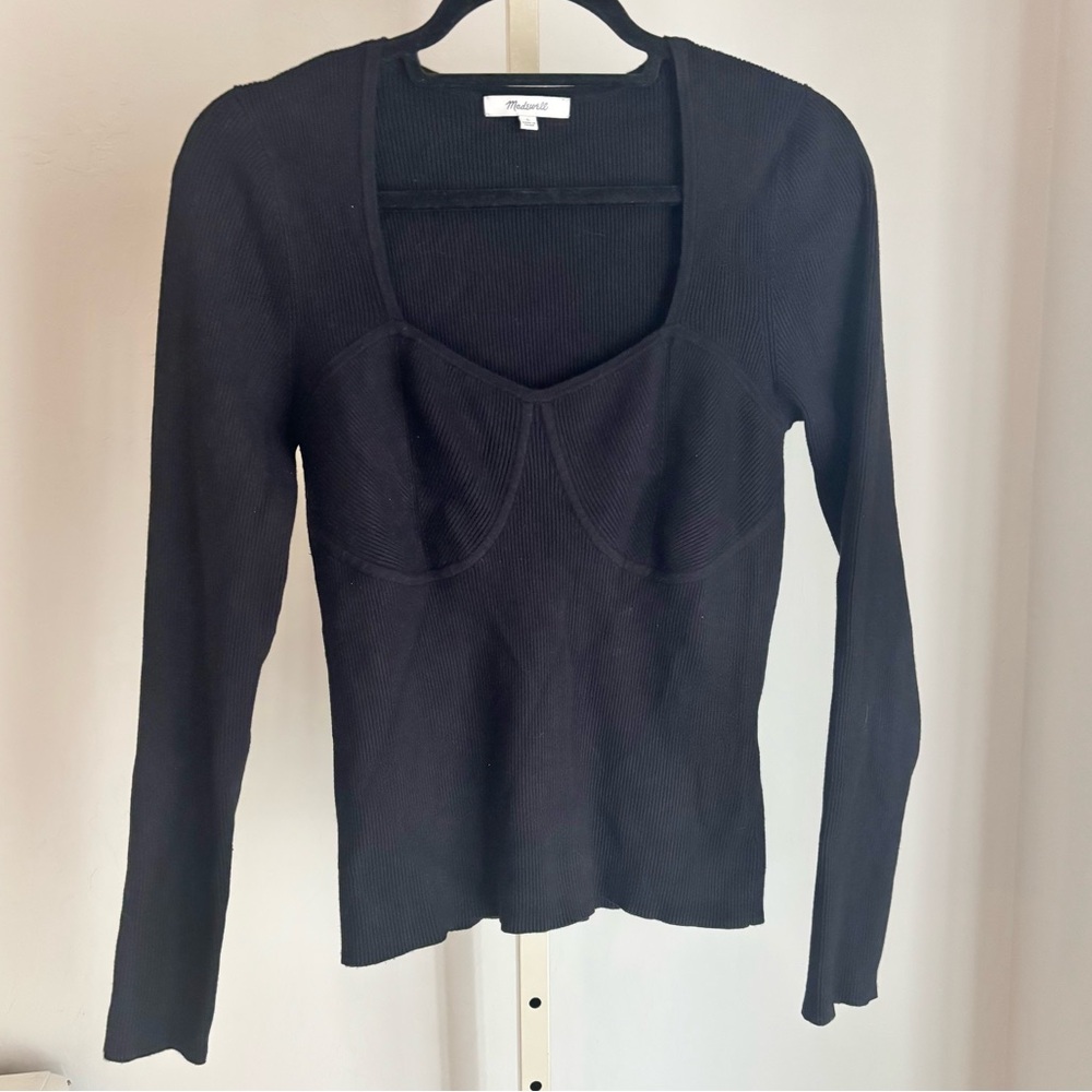 Madewell Wide Rib Sweater Top Sweetheart Neckline Underbust Seams, Black, Sz L